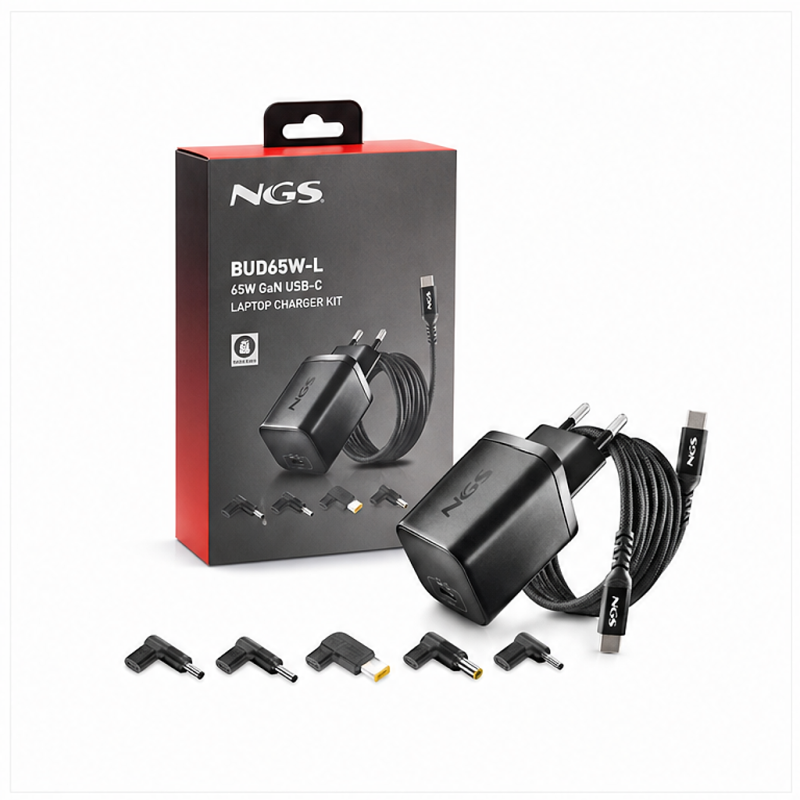 NGS BUD65W-L 65W GaN USB-C Charger with 1.5 m cable and 5 Lenovo tips
