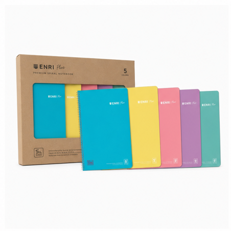 Enri Plus cahier spirale folio quadrillé 4x4 mm, 80 feuilles, 90 g, marge, couverture plastique – lot de 5